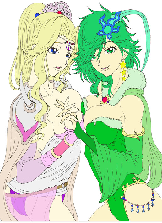 shuninshunin, rosa farrell, rydia (adult) (ff4), rydia (ff4), final fantasy, final fantasy iv, 1990s (style), aged up, armor, ass, belt, blonde hair, blue eyes, breast press, breasts, bridal gauntlets, cape, cleavage, detached sleeves, earrings, green eyes, green hair, hair ornament, holding hands, horns, jewelry, large breasts, leotard, long hair, ponytail, retro artstyle, smile, star (symbol), symmetrical docking, tiara