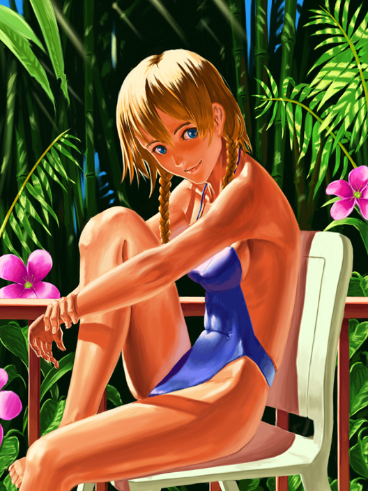 doi tabasuko, original, 1girl, bamboo, bamboo forest, blonde hair, blue eyes, braid, chair, female focus, flower, forest, hugging own legs, looking at viewer, nature, on chair, one-piece swimsuit, outdoors, railing, sitting, smile, solo, swimsuit, twin braids