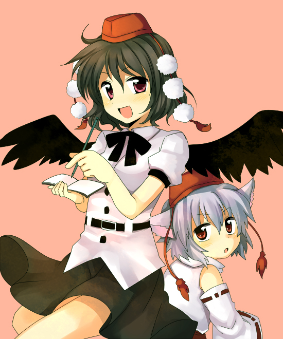subaru (yachika), inubashiri momiji, shameimaru aya, touhou, silver hair, 2girls, :o, animal ears, black skirt, female focus, hat, looking at viewer, multiple girls, parted lips, puffy short sleeves, puffy sleeves, red eyes, shirt, short sleeves, skirt, tokin hat, white shirt, wolf ears