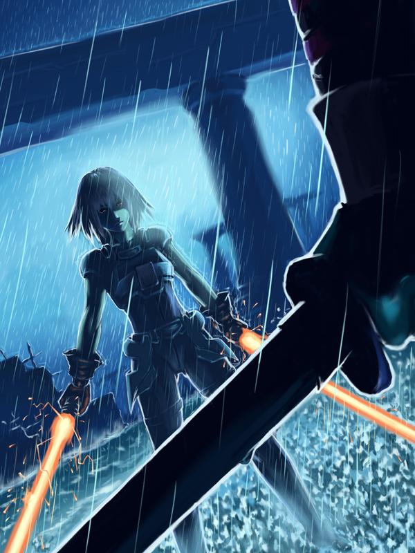 doi tabasuko, shelke the transparent, dirge of cerberus final fantasy vii, final fantasy, final fantasy vii, original, 1990s (style), 1girl, armor, belt, dual wielding, dutch angle, energy sword, female focus, gloves, hands on own hips, holding, lightsaber, rain, short hair, solo focus, sword, weapon
