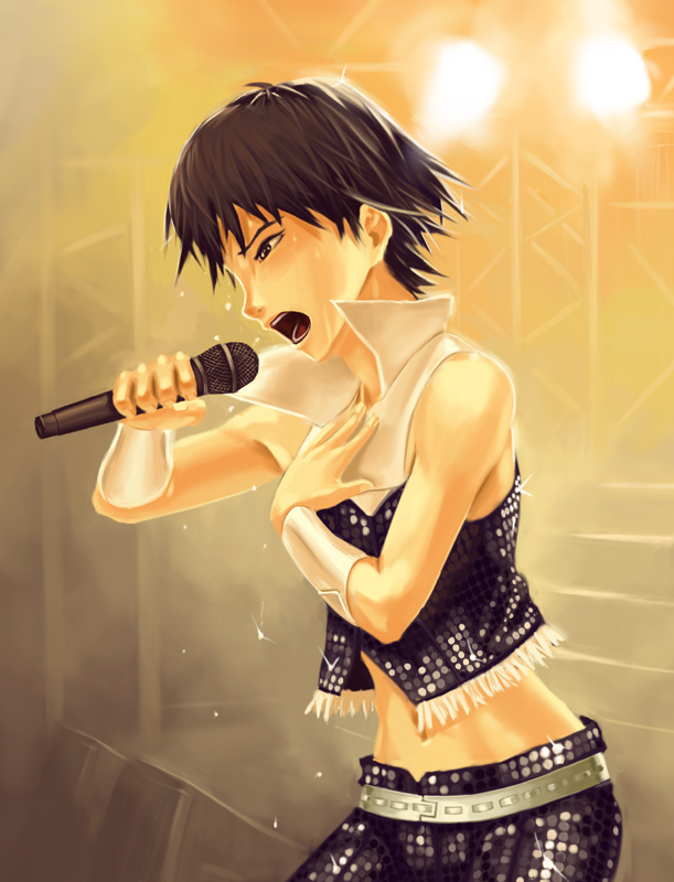 doi tabasuko, kikuchi makoto, idolmaster, idolmaster (classic), idolmaster 1, 00s, 1girl, bare shoulders, belt, brown eyes, brown hair, collared shirt, cool & sexy (idolmaster), female focus, microphone, midriff, music, shirt, short hair, singing, solo, stage, sweat