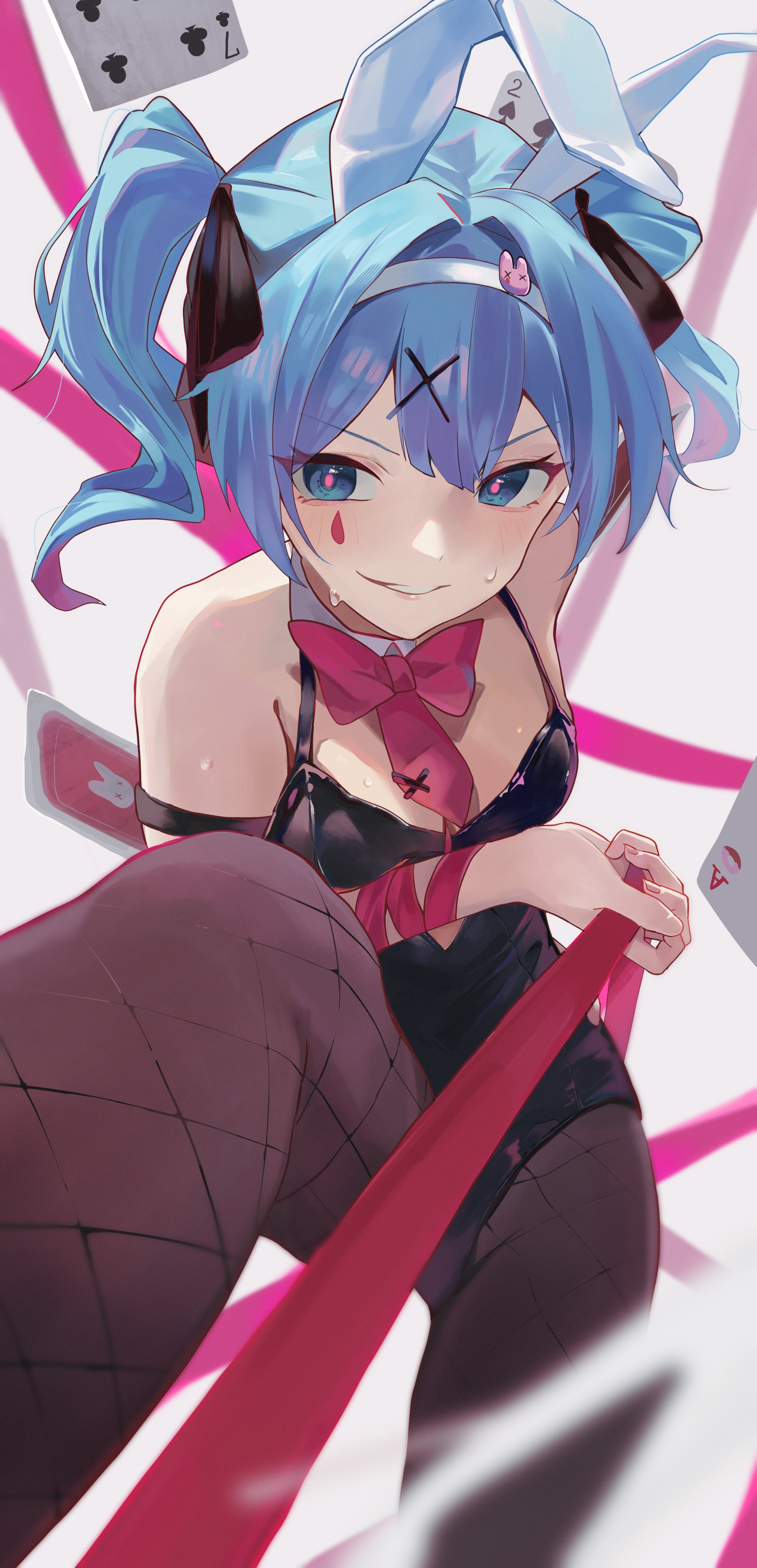 inubangarou, hatsune miku, rabbit hole (vocaloid), vocaloid, absurdres, commentary, highres, symbol-only commentary, 1girl, animal ear hairband, animal ears, black leotard, black pantyhose, black ribbon, blue eyes, blue hair, blush, bow, bowtie, card, detached collar, fake animal ears, hair ornament, hair ribbon, hairband, holding, holding ribbon, leotard, looking at viewer, necktie, pantyhose, parted lips, pink bow, pink bowtie, pink necktie, pink pupils, pink ribbon, playing card, rabbit ears, ribbon, short necktie, simple background, smile, solo, sweat, tattoo, teardrop facial mark, teardrop tattoo, twintails, white background, x hair ornament