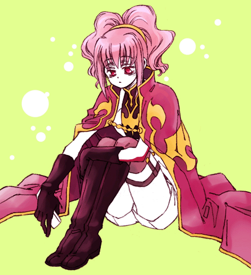 karezel, anya alstreim, code geass, 00s, boots, cloak, gloves, hairband, headband, pink hair, red eyes, short hair, shorts, sitting, solo, thighhighs