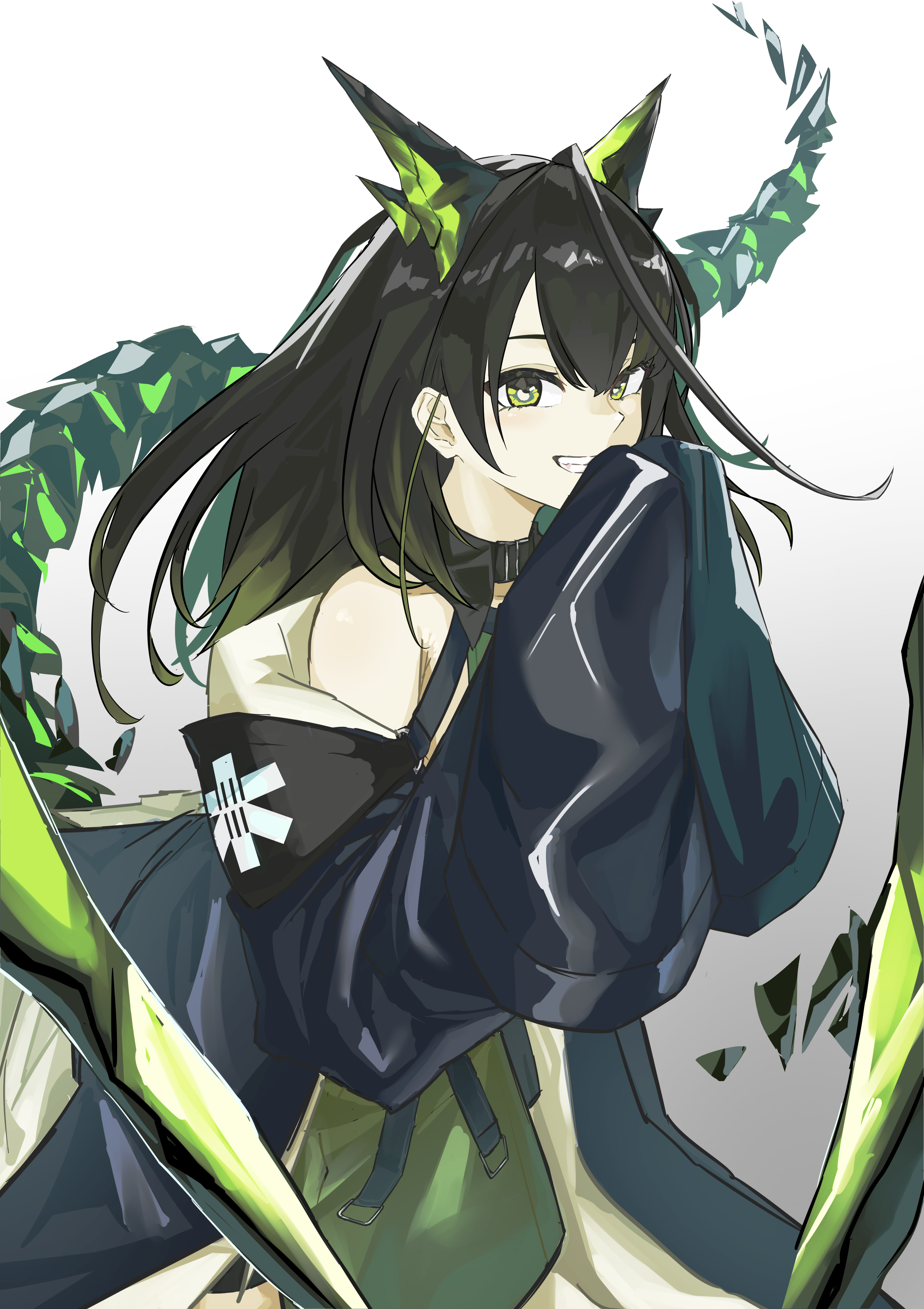 maf clothes, mon3tr (arknights), arknights, absurdres, highres, 1girl, black coat, black hair, coat, gradient background, green eyes, grin, long hair, sleeves past fingers, sleeves past wrists, smile, tail