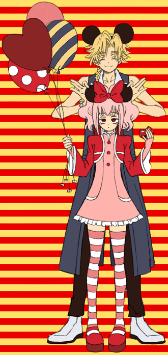 karezel, anya alstreim, gino weinberg, code geass, striped legwear, 00s, balloon, blonde hair, dress, pink hair, red eyes, striped clothes, striped thighhighs, thighhighs