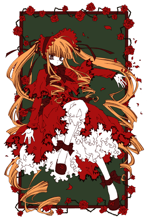 karezel, shinku, rozen maiden, 00s, blonde hair, curly hair, dress, flower, frills, hat, long hair, rose, solo, twintails