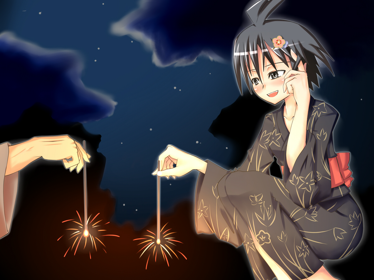 tog (shoten), kikuchi makoto, idolmaster, idolmaster (classic), idolmaster 1, 00s, 1girl, antenna hair, black hair, blush, brown eyes, cloud, fireworks, flower, japanese clothes, kimono, night, senkou hanabi, smile, solo focus, sparkler, squatting, star (symbol)