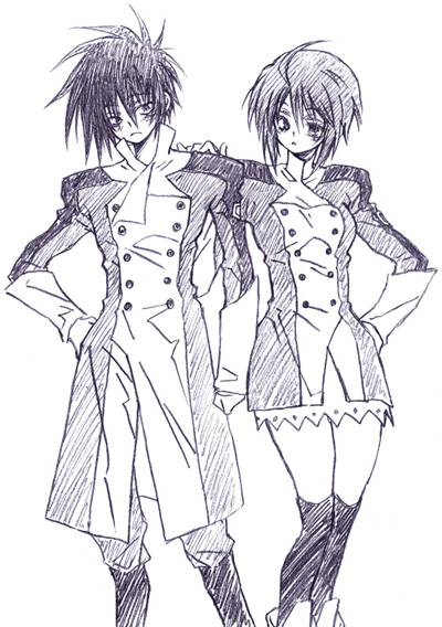 karezel, lunamaria hawke, ryuhou, scheris adjani, shinn asuka, gundam, gundam seed, gundam seed destiny, scryed, 1boy, 1girl, ahoge, cosplay, gloves, military, military uniform, miniskirt, monochrome, parody, purple theme, ryuhou (cosplay), scheris adjani (cosplay), short hair, sketch, skirt, thighhighs, zettai ryouiki