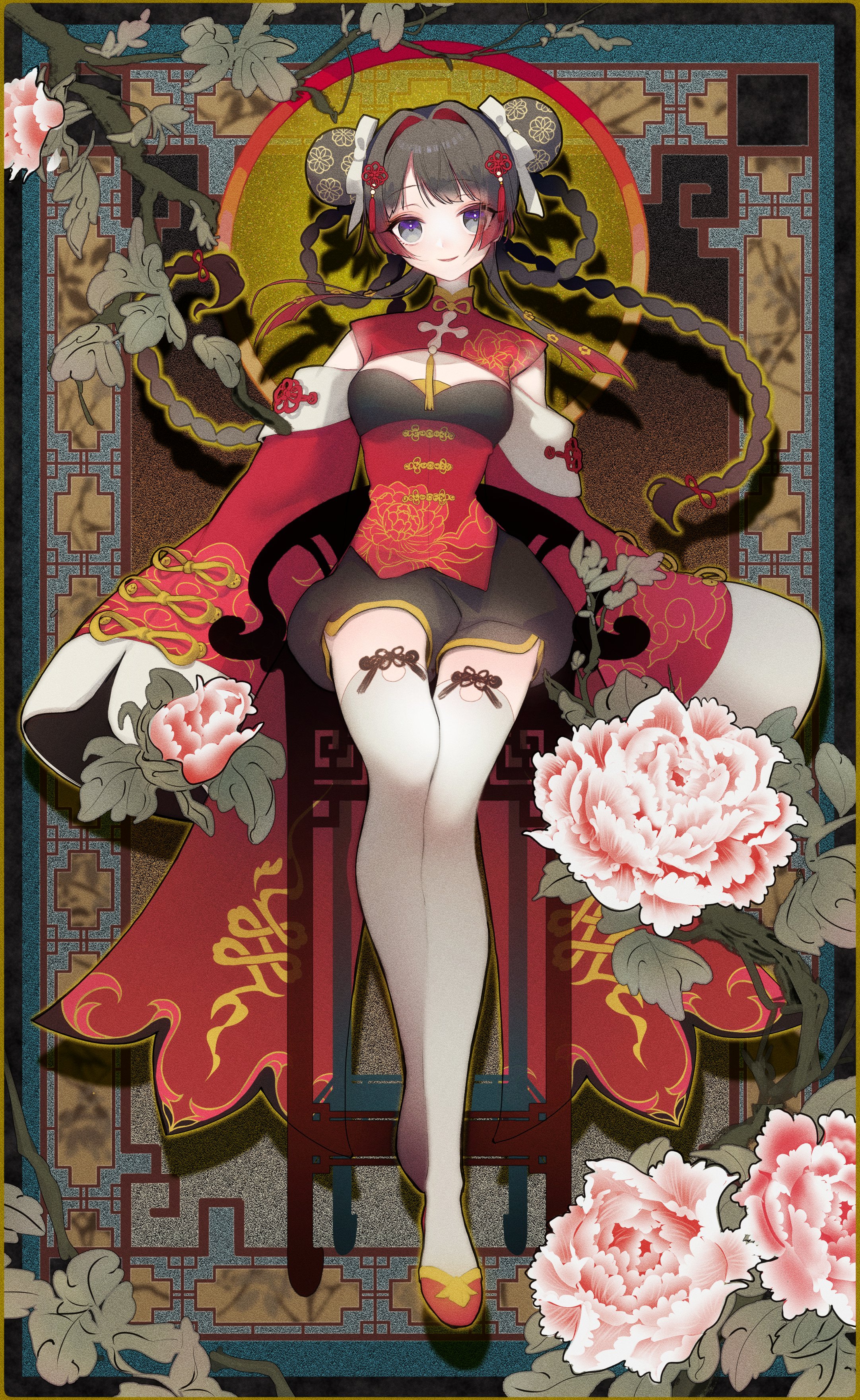 ena1215, tsukino mito, tsukino mito (china dress), nijisanji, absurdres, commentary request, flower request, highres, 1girl, black hair, black shorts, border, braid, branch, breasts, bun cover, chinese clothes, cleavage cutout, clothing cutout, cloud print, collared dress, colored tips, double bun, dress, drop shadow, floral print, floral print dress, flower, flower knot, full body, hair bun, hair rings, inset border, long hair, looking at viewer, microdress, multicolored hair, ornate border, pankou, parted lips, pink flower, print dress, puffy shorts, purple eyes, red dress, red hair, red shoes, shoes, shorts, shorts under dress, shoulder cutout, sleeves past fingers, sleeves past wrists, slip-on shoes, small breasts, smile, solo, tassel, thighhighs, twin braids, very long hair, virtual youtuber, white thighhighs, wide sleeves