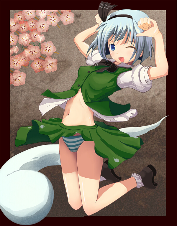 popo (0kyono0), konpaku youmu, konpaku youmu (ghost), touhou, silver hair, bad id, bad pixiv id, 1girl, blue eyes, female focus, ghost, hairband, hitodama, one eye closed, panties, ribbon, school uniform, serafuku, short hair, skirt, solo, striped clothes, striped panties, underwear, wink