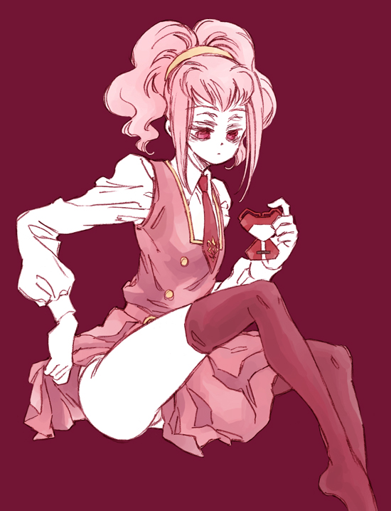 karezel, anya alstreim, code geass, 00s, dress, hairband, headband, necktie, panties, pink eyes, pink hair, school uniform, serafuku, sitting, solo, thighhighs, underwear, white panties