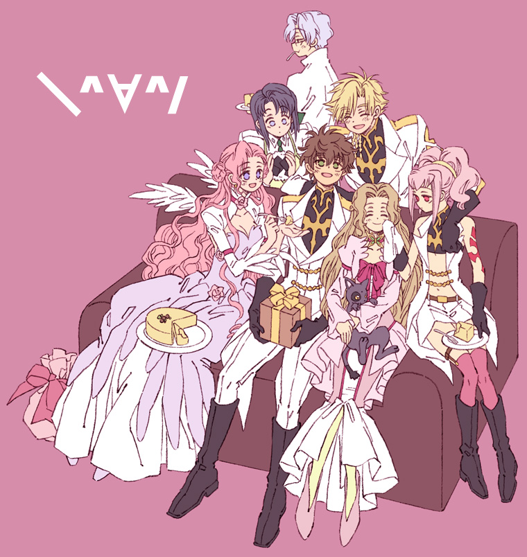 karezel, anya alstreim, arthur (code geass), cecile croomy, euphemia li britannia, gino weinberg, kururugi suzaku, lloyd asplund, nunnally vi britannia, code geass, uniform, 00s, 3boys, 4girls, blue hair, boots, brown hair, cake, cat, closed eyes, couch, dress, food, gift, gloves, harem, long hair, midriff, multiple boys, multiple girls, pastry, pimp, pink hair, purple eyes, purple hair, red eyes, short hair, siblings, sisters, thighhighs