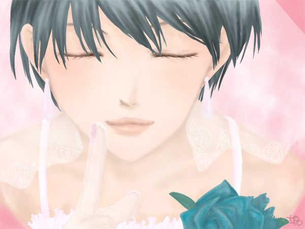 toto (pixiv115445), kikuchi makoto, idolmaster, idolmaster (classic), idolmaster 1, bad id, bad pixiv id, 00s, black hair, blue flower, blue rose, bridal veil, bride, closed eyes, dress, earrings, finger to mouth, flower, jewelry, lips, pov, rose, short hair, solo, veil, wedding dress
