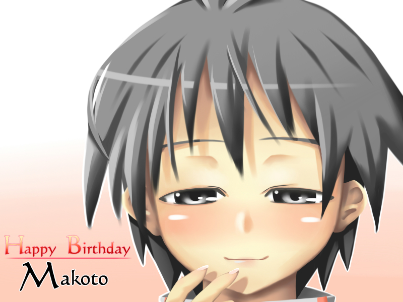 tog (shoten), kikuchi makoto, idolmaster, idolmaster (classic), idolmaster 1, 00s, black eyes, black hair, blush, happy birthday, portrait, short hair, smile, solo