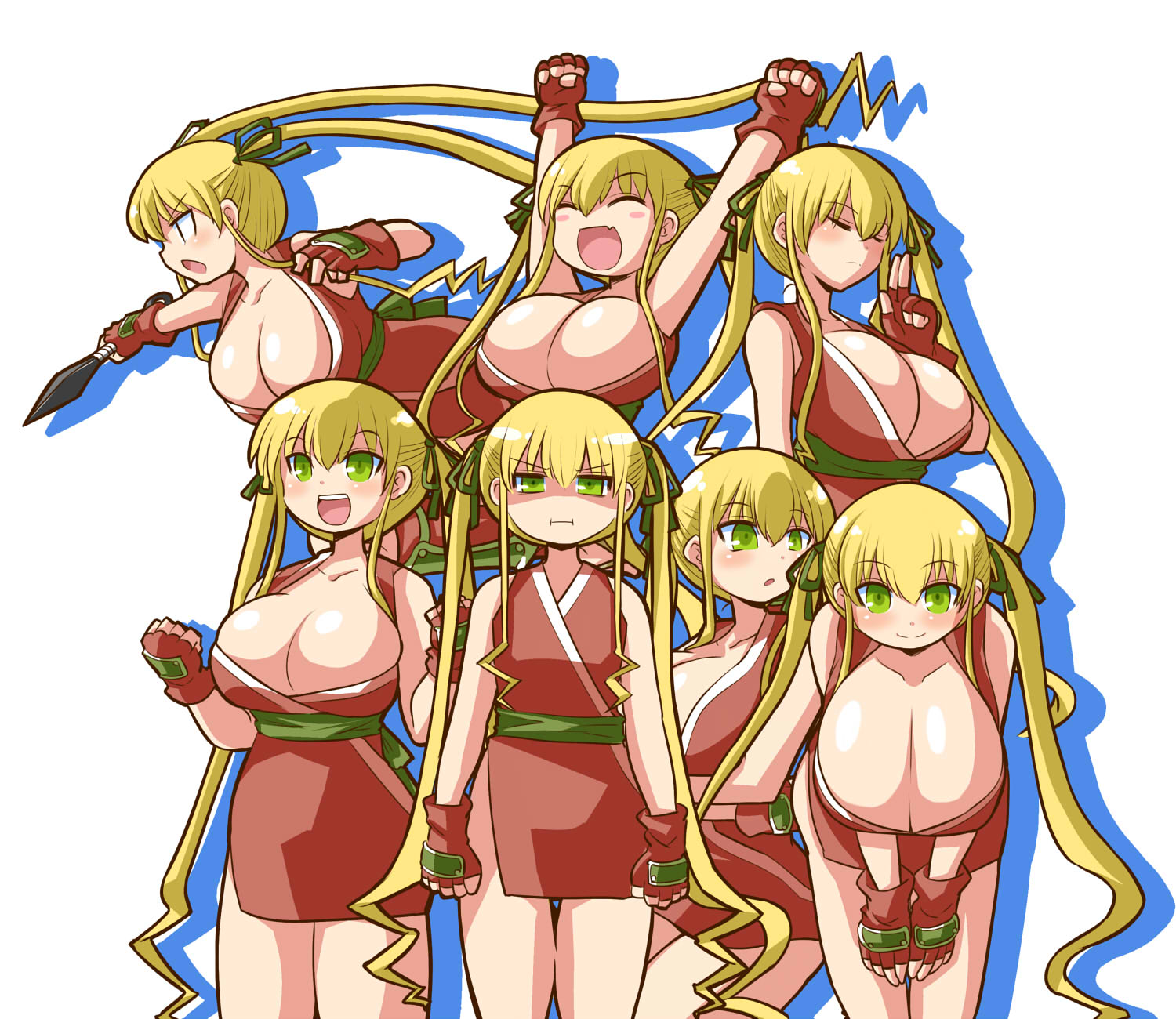 itini-sanshi, shinku, rozen maiden, commentary request, highres, 6+girls, alternate breast size (larger), alternate costume, armpits, blonde hair, breast envy, breasts, cleavage, clone, closed mouth, cowboy shot, dagger, drill hair, drill sidelocks, fingerless gloves, flat chest, frown, gloves, green eyes, green sash, holding, holding dagger, holding knife, holding weapon, huge breasts, japanese clothes, kimono, knife, kunai, long hair, looking at viewer, multiple girls, ninja, open mouth, red gloves, red kimono, sash, sidelocks, simple background, smile, twintails, very long hair, weapon, white background