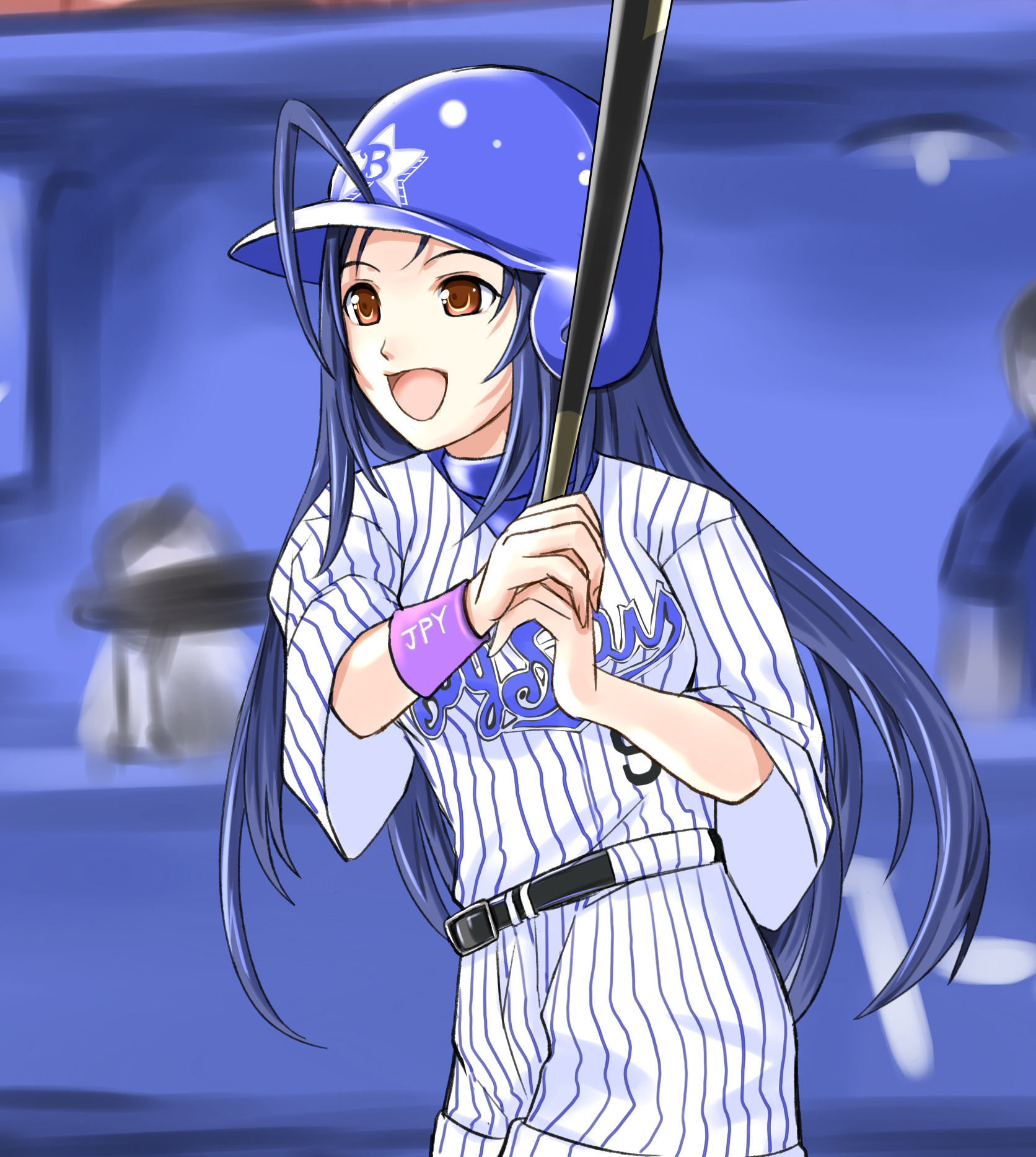 suishin (18m), suishin (pixiv54529), miura azusa, idolmaster, idolmaster (classic), idolmaster 1, nippon professional baseball, yokohama dena baystars, highres, 00s, 1girl, :d, ahoge, baseball, baseball bat, baseball helmet, baseball uniform, blue hair, brown eyes, clothes writing, female focus, helmet, long hair, open mouth, smile, solo, sportswear, wristband