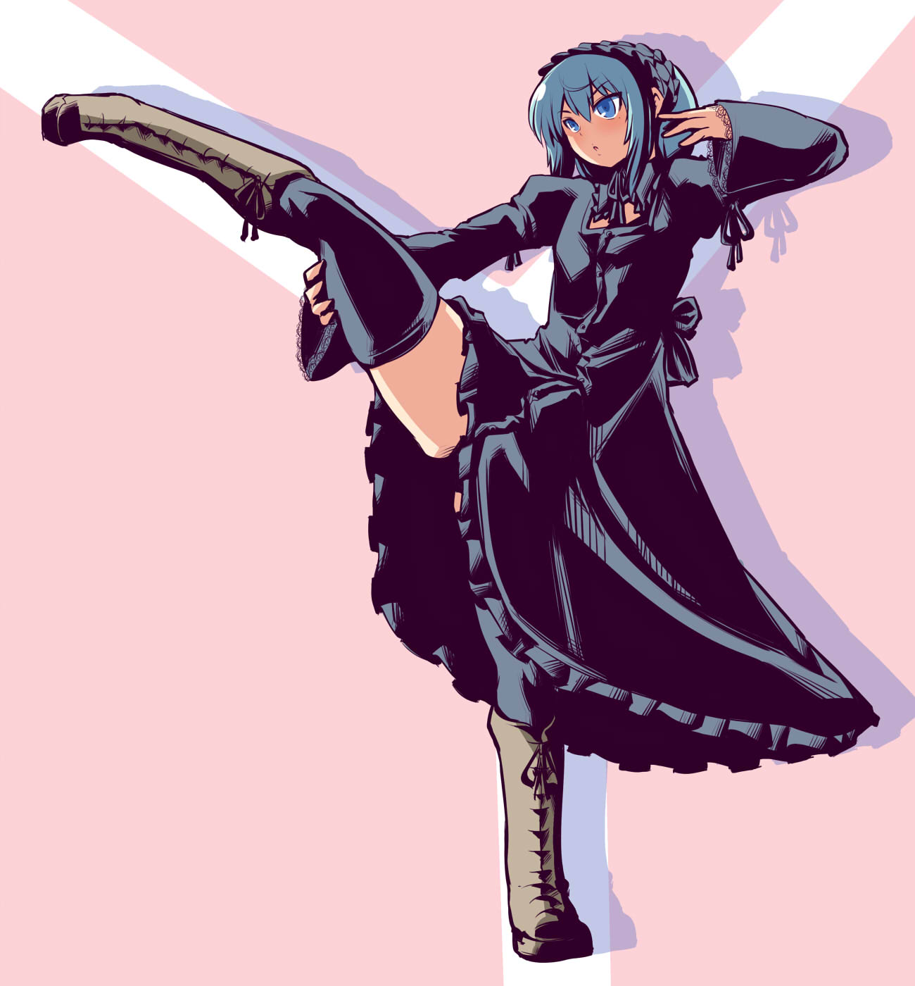 itini-sanshi, 2channel, commentary request, highres, 1boy, 2channel (/livejupiter/), aile-kun, blue eyes, blue hair, boots, crossdressing, crossdressing (mtf), dress, frilled hairband, frills, full body, grey dress, grey hairband, grey ribbon, grey thighhighs, hairband, high kick, kicking, lace-up boots, male focus, neck ribbon, open mouth, ribbon, short hair, sleeve ribbon, solo, standing, thighhighs, trap