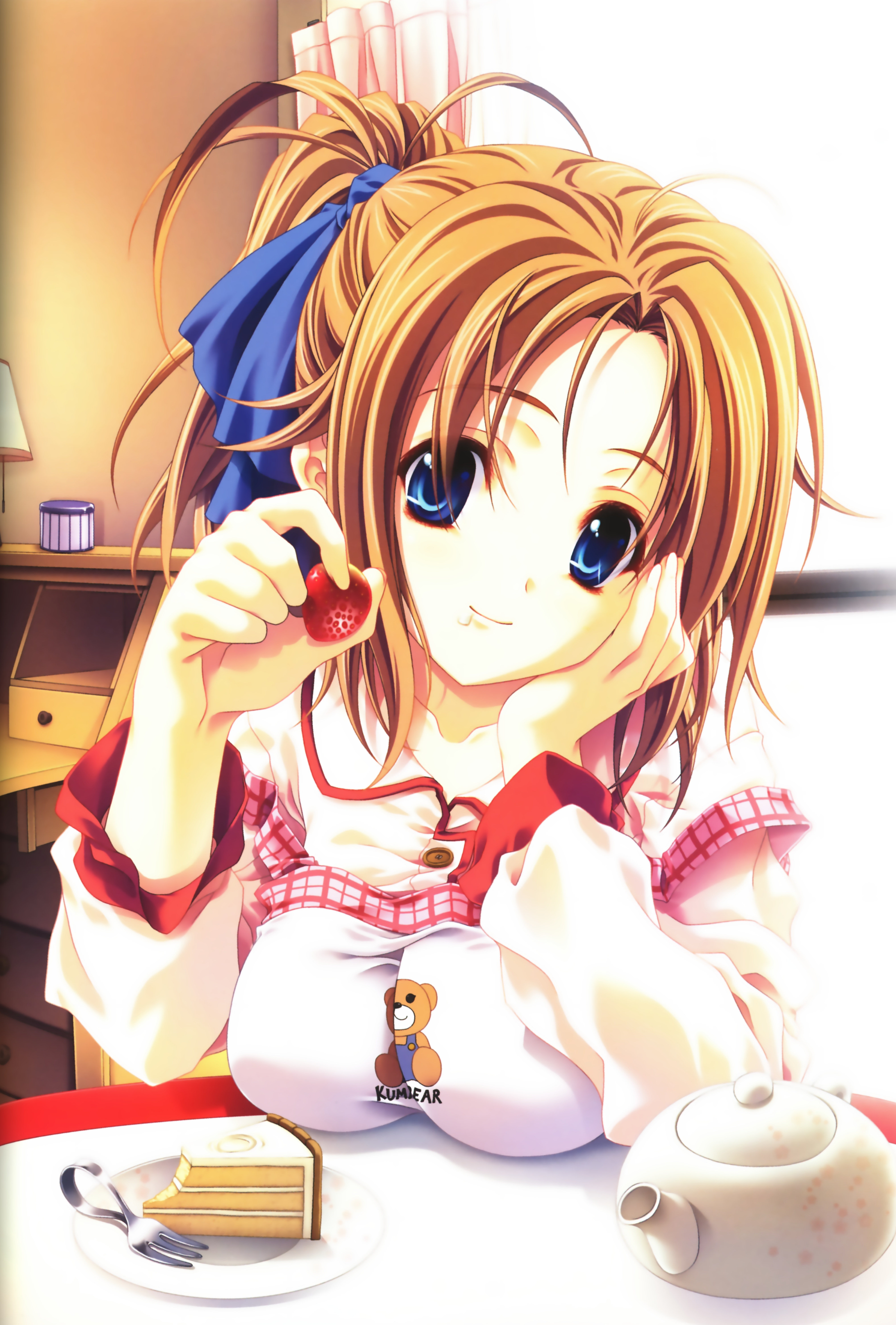 miyama-zero, absurdres, highres, 1girl, blue eyes, breasts, brown hair, eating, female focus, food, fruit, holding, holding food, holding fruit, ponytail, solo, strawberry