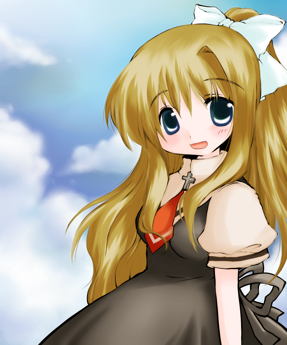 futami yayoi, kamio misuzu, air (visual novel), highres, 00s, 1girl, :d, black dress, blonde hair, blush, dress, female focus, green eyes, high ponytail, long hair, looking at viewer, open mouth, ponytail, smile, solo, upper body, very long hair