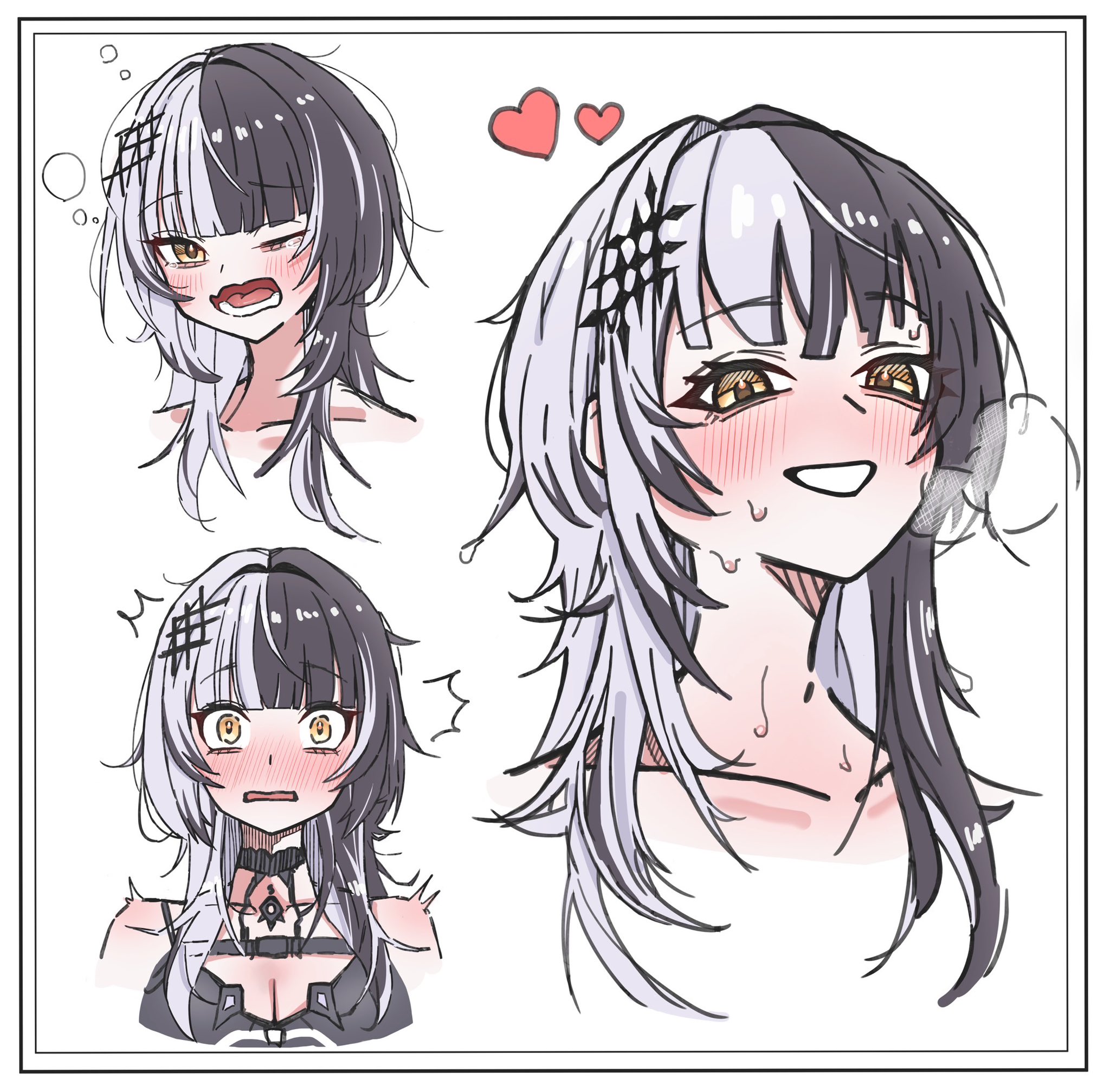 kiiroiusagi0731, shiori novella, shiori novella (1st costume), hololive, hololive english, highres, 1girl, black choker, black dress, black hair, blush, breasts, choker, cleavage, dress, embarrassed, grey hair, grin, heart, large breasts, long hair, looking at viewer, multicolored hair, multiple views, ribbon, sleepy, smile, split-color hair, sweat, teeth, two-tone hair, virtual youtuber, white ribbon, yellow eyes