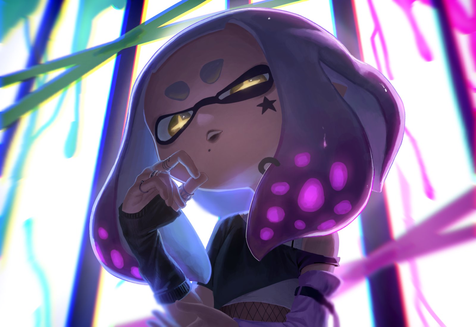 dbwuqldvec82805, pearl (splatoon), nintendo, splatoon (series), splatoon 2, highres, 1girl, bracer, facial mark, from below, gradient hair, inkling, jewelry, lipstick, makeup, mole, mole under mouth, multicolored hair, multiple rings, pink hair, ring, short eyebrows, solo, star (symbol), star facial mark, tentacle hair, thick eyebrows, two-tone hair, white hair, yellow eyes