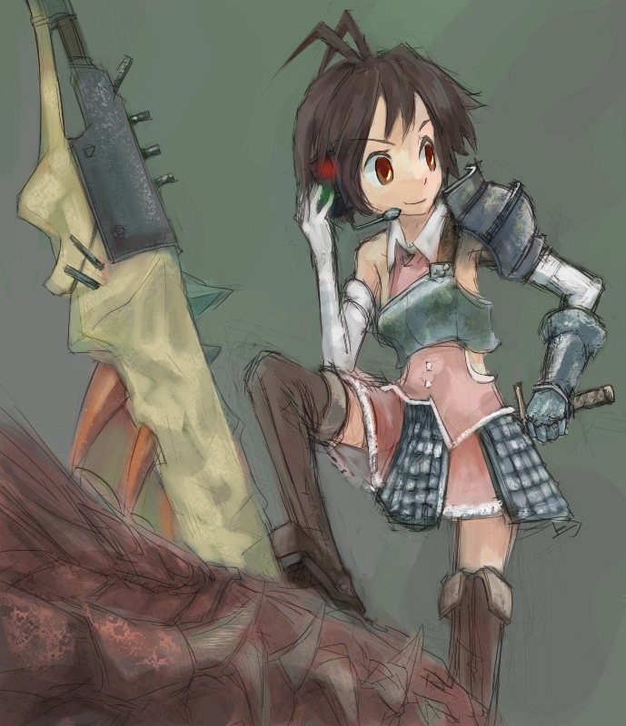 chourui keiko, kikuchi makoto, capcom, idolmaster, idolmaster (classic), idolmaster 1, monster hunter (series), antenna hair, armor, boots, brown eyes, brown hair, dress, elbow gloves, gauntlets, gloves, headset, microphone, parody, short hair, solo, sword, weapon
