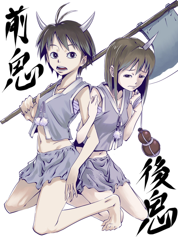 inu (aerodog), hagiwara yukiho, kikuchi makoto, idolmaster, idolmaster (classic), idolmaster 1, translation request, 00s, alcohol, antenna hair, axe, bare shoulders, barefoot, brown eyes, brown hair, demon, horns, kneeling, midriff, sake, sarashi, short hair, skirt, weapon, yukimako
