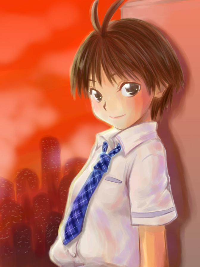 star seven, kikuchi makoto, idolmaster, idolmaster (classic), 00s, antenna hair, brown hair, necktie, short hair, skyline, solo, sunset