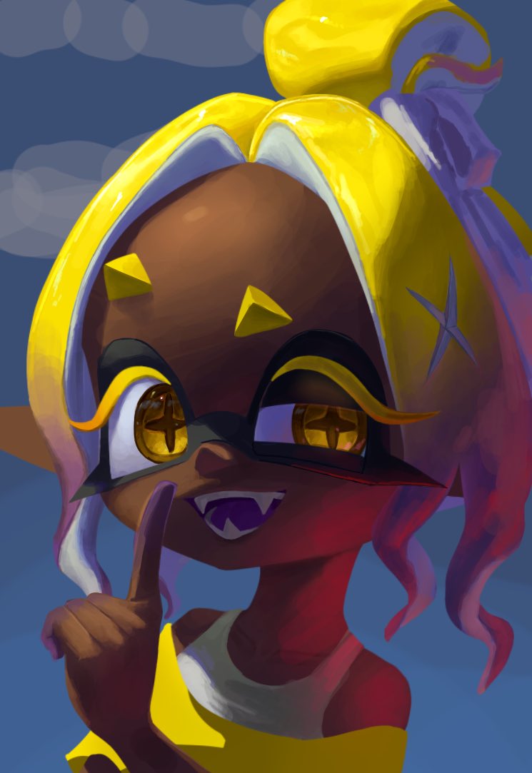 dbwuqldvec82805, frye (splatoon), nintendo, splatoon (series), splatoon 3, splatoon raiders, 1girl, blonde hair, colored eyelashes, colored tongue, dark-skinned female, dark skin, fangs, inkling, long pointy ears, open mouth, pointy ears, shawl, short eyebrows, smile, solo, tentacle hair, uneven eyes, yellow eyes, yellow shawl