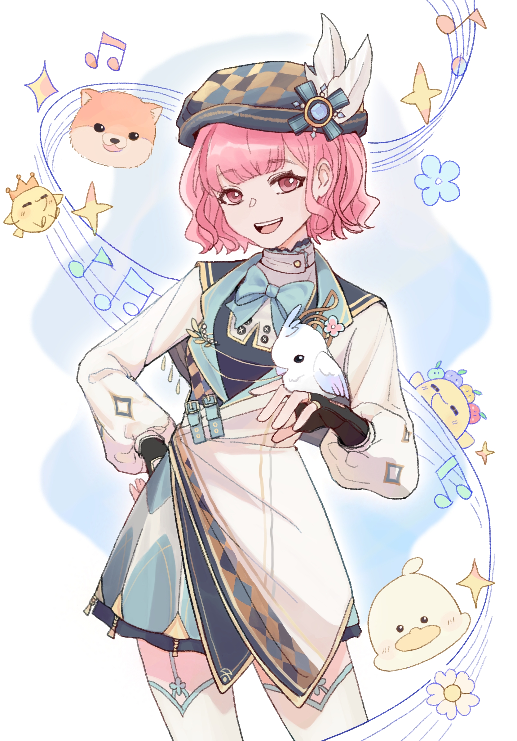 ambird (infinity nikki), floof (infinity nikki), gifty (nikki), nikki (nikki), infinity nikki, nikki (series), chinese commentary, commentary request, highres, 1girl, animal, aqua bow, aqua bowtie, aqua skirt, baby animal, beret, bib collar, bird, bird on hand, black gloves, black shirt, blue background, blue flower, blunt bangs, border, bow, bowtie, brown hat, buttons, checkered hat, chick, coat, collared coat, collared shirt, colored lapels, cowboy shot, daisy (flower), dog, duck, eyelashes, fingerless gloves, flower, frilled shirt collar, frills, gloves, hand on own hip, hat, hat feather, head only, high collar, lapel pin, lapels, long sleeves, looking at viewer, meadow symphony (infinity nikki), miniskirt, musical note, musical staff, notched lapels, open mouth, outline, outside border, pink eyes, pink hair, pleated skirt, puffy long sleeves, puffy sleeves, ribbed thighhighs, shiba inu, shirt, short hair, skirt, smile, solo, sparkle, standing, teeth, thighhighs, upper teeth only, wavy hair, white border, white coat, white flower, white outline, white thighhighs, yanyi20232