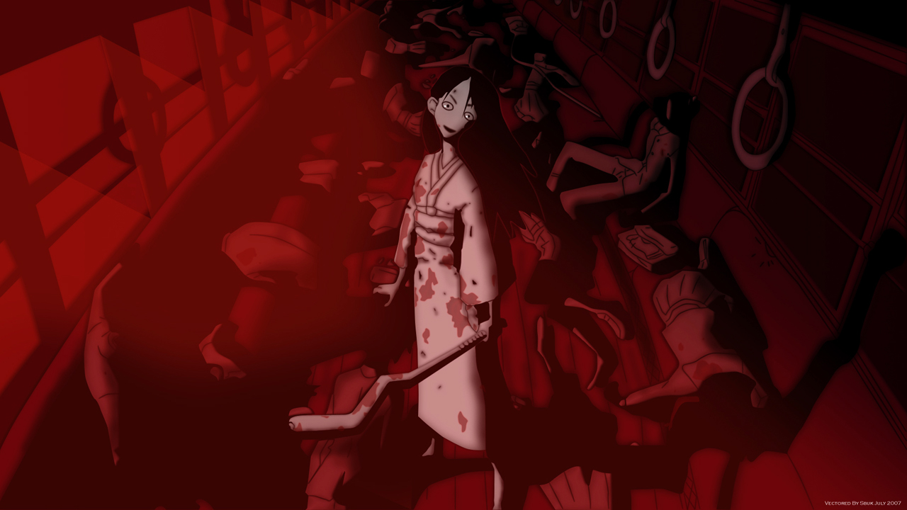 kitsu chiri, sayonara zetsubou sensei, artist request, derivative work, non-web source, source request, vector trace, 00s, baseball bat, black hair, blood, corpse, crazy eyes, death, guro, japanese clothes, kimono, long hair, solo, train, train interior, weapon, yandere