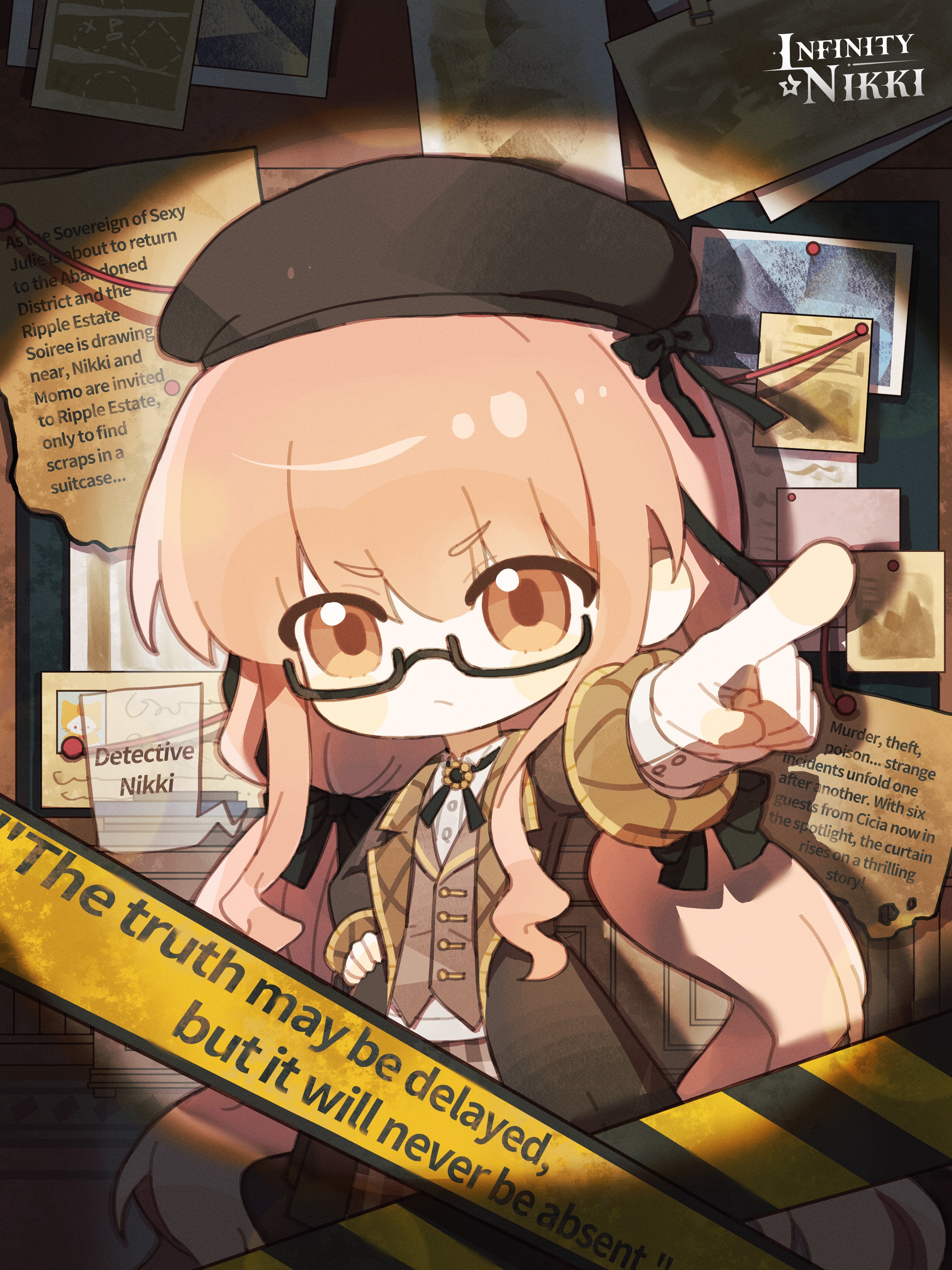 nikki (nikki), infinity nikki, nikki (series), absurdres, artist request, commentary, english commentary, highres, official art, second-party source, 1girl, beret, black-framed eyewear, black bow, black coat, black hat, black pants, black ribbon, blunt bangs, blush stickers, bow, brown eyes, brown vest, bulletin board, buttons, chibi, closed mouth, coat, collared coat, collared shirt, collared vest, colored lapels, copyright name, cowboy shot, detective, determined, dress shirt, english text, frown, furrowed brow, glasses, hair bow, hair ribbon, hand on own hip, hat, hat bow, lapels, layered sleeves, logo, long hair, long sleeves, low twintails, neck ribbon, notched lapels, pants, pink hair, plaid clothes, plaid lapels, plaid pants, pointing, pointing at viewer, ribbon, shadow, shirt, sidelocks, sleeve cuffs, solo, speech bubble, standing, tareme, tress ribbon, twintails, very long hair, vest, vignetting, wavy hair, white shirt