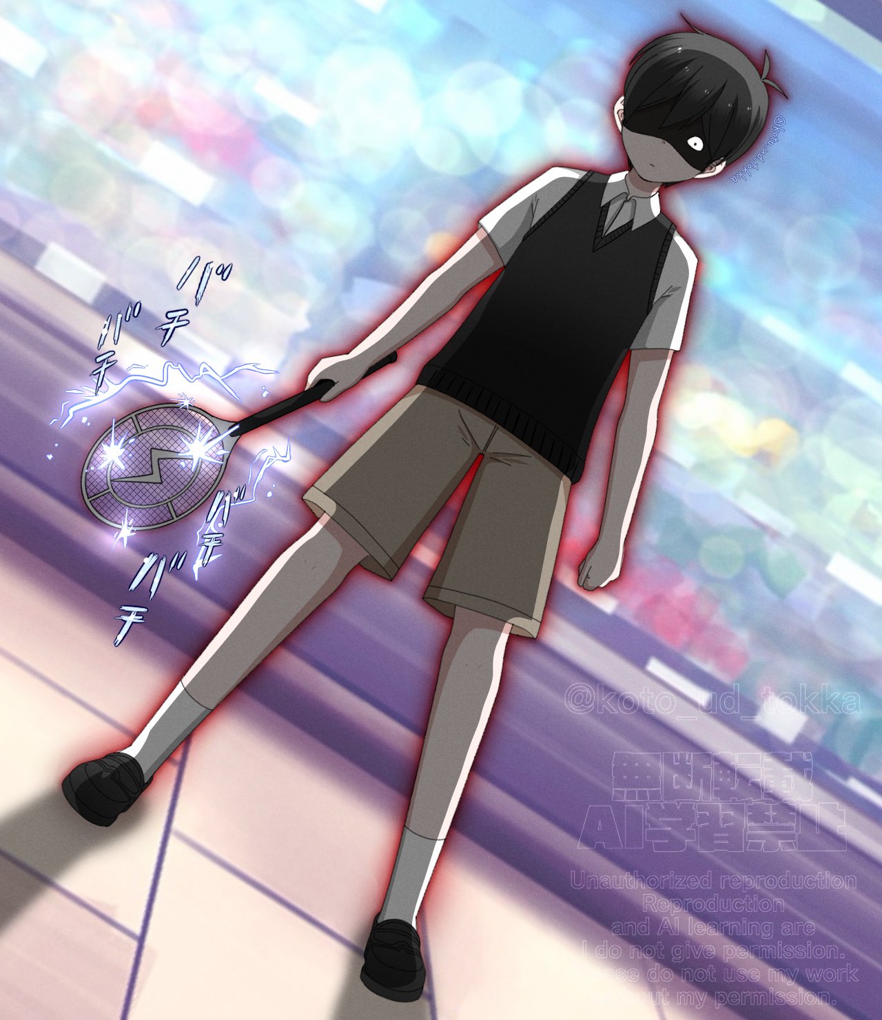 hisaho, sunny (omori), omori, highres, translation request, 1boy, antenna hair, black hair, black shoes, black sweater vest, brown shorts, closed mouth, double-parted bangs, flyswatter, full body, indoors, loafers, looking at viewer, shaded face, shirt, shoes, short hair, short sleeves, shorts, socks, solo, sweater vest, white shirt, white socks
