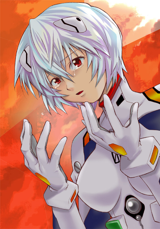 ayanami rei, neon genesis evangelion, blue hair, dutch angle, mecha pilot suit, plugsuit (evangelion), red eyes, short hair, solo, tears