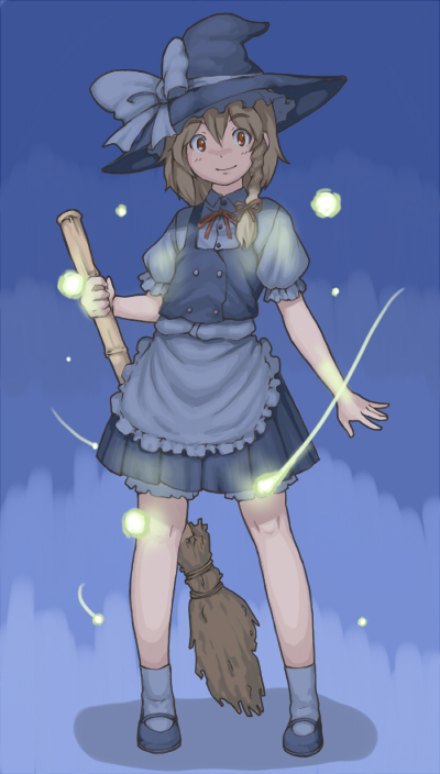 sajipen, kirisame marisa, touhou, 1girl, blonde hair, broom, brown eyes, brown hair, bug, female focus, fireflies, firefly, hat, neck ribbon, puffy sleeves, ribbon, short hair, short sleeves, solo, witch, witch hat