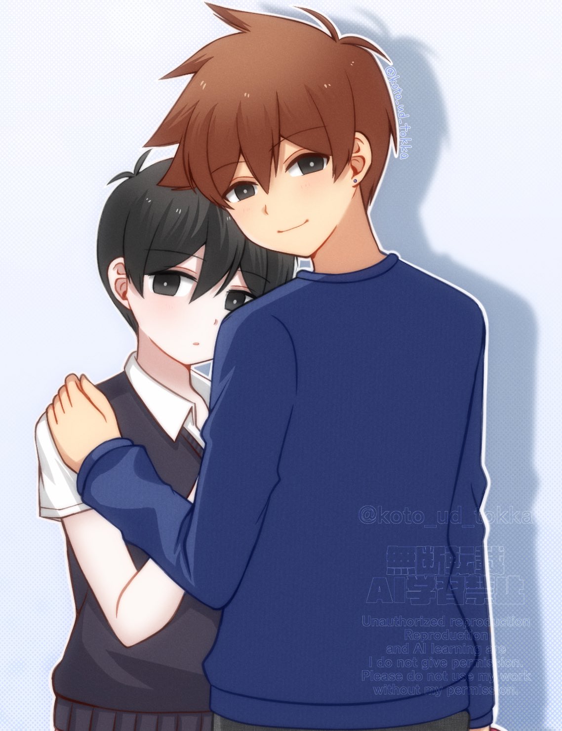 hisaho, hero (faraway) (omori), hero (omori), sunny (omori), omori, highres, 2boys, antenna hair, black eyes, black hair, black sweater vest, blue sweater, bright pupils, brown hair, closed mouth, collared shirt, dark-skinned male, dark skin, double-parted bangs, ear piercing, hair between eyes, hand on another's shoulder, long sleeves, looking at viewer, male focus, multiple boys, piercing, shirt, short hair, short sleeves, smile, sweater, sweater vest, twitter username, watermark, white pupils, white shirt, yaoi