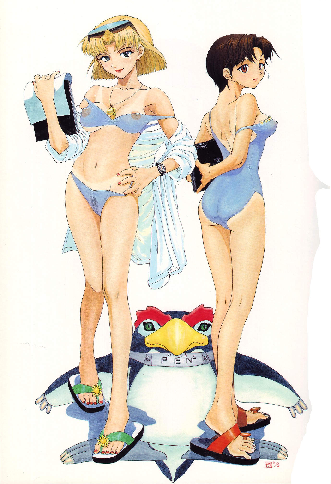 yunagi kahoru, akagi ritsuko, ibuki maya, penpen, neon genesis evangelion, highres, non-web source, 2girls, arms behind back, bikini, bikini tan, bird, blonde hair, blue bikini, breasts, brown eyes, brown hair, clipboard, covered erect nipples, eyewear on head, feet, flip-flops, green eyes, hand on own hip, lab coat, large breasts, legs, lipstick, looking at viewer, looking back, makeup, mole, mole under eye, multiple girls, nail polish, nipple slip, nipples, one-piece swimsuit, one-piece tan, penguin, pigeon-toed, pubic hair, red nails, sandals, see-through clothes, short hair, simple background, smile, strap slip, sunglasses, swimsuit, tan, tanline, toenail polish, toenails, very short hair, watch, whistle, white background, wristwatch