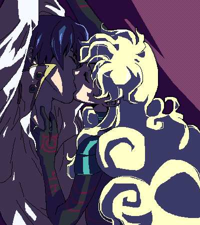 akutsu (yuumi), antispiral nia, nia teppelin, simon (ttgl), tengen toppa gurren lagann, lowres, 00s, 1boy, 1girl, couple, hetero, kiss, oekaki