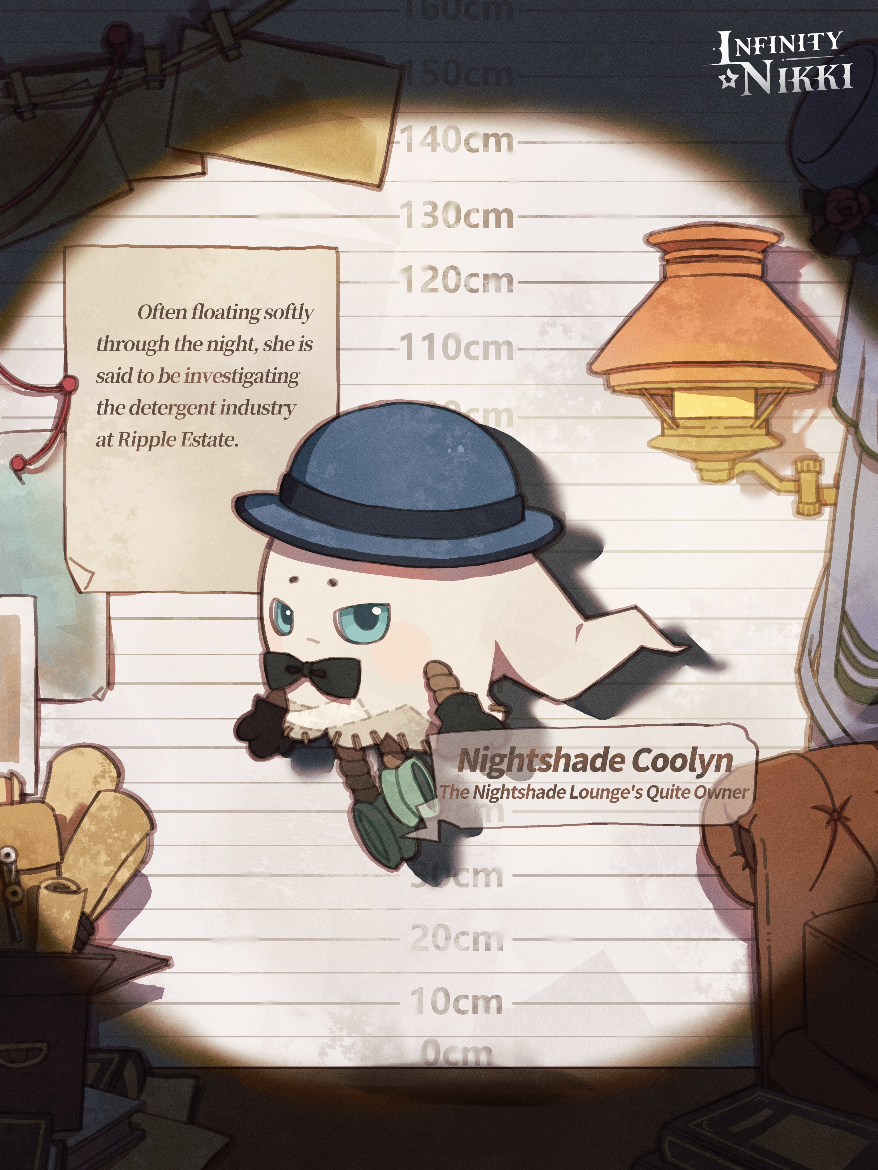 infinity nikki, nikki (series), absurdres, artist request, commentary, english commentary, highres, official art, second-party source, armchair, black bow, black bowtie, black gloves, blue eyes, blue hat, bow, bowler hat, bowtie, buttons, chair, character name, closed mouth, copyright name, creature, creature focus, curtains, english text, expressionless, floating, gloves, hat, indoors, lamp, light frown, logo, nightshade coolyn (infinity nikki), no humans, patch, piecey, scroll, shadow, solo, speech bubble, string of photos, traditional bowtie, v-shaped eyes, vignetting