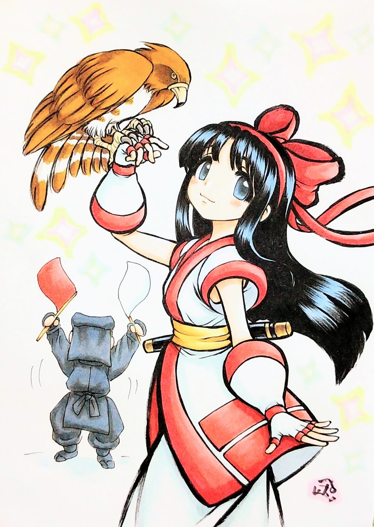 poporoyama, mamahaha, nakoruru, samurai spirits, snk, the king of fighters, highres, 1boy, 1girl, ainu clothes, arm up, arms up, artist name, black hair, blue eyes, breasts, fingerless gloves, flag, from side, gloves, hair ribbon, japanese clothes, legs, long hair, looking at viewer, pants, ribbon, small breasts, smile, thighs, weapon