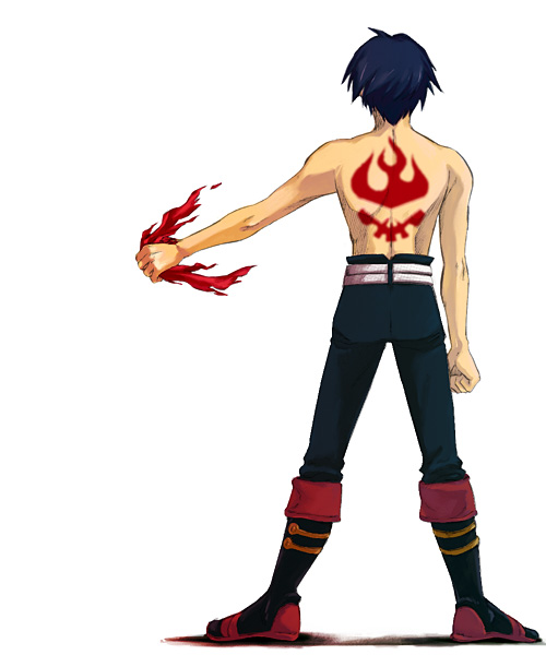 akutsu (yuumi), simon (ttgl), tengen toppa gurren lagann, 00s, 1boy, back, back tattoo, blue hair, from behind, male focus, short hair, solo, tattoo, topless male