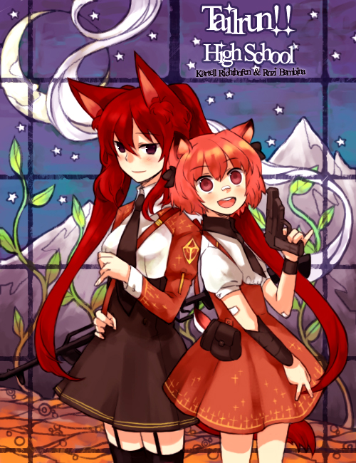 gwayo, gwayom, omyo, original, bad id, bad pixiv id, 2girls, animal ears, bandaid, blush, dress, garter belt, gun, long hair, multiple girls, pink hair, red eyes, red hair, rifle, short hair, smile, thighhighs, twintails, weapon