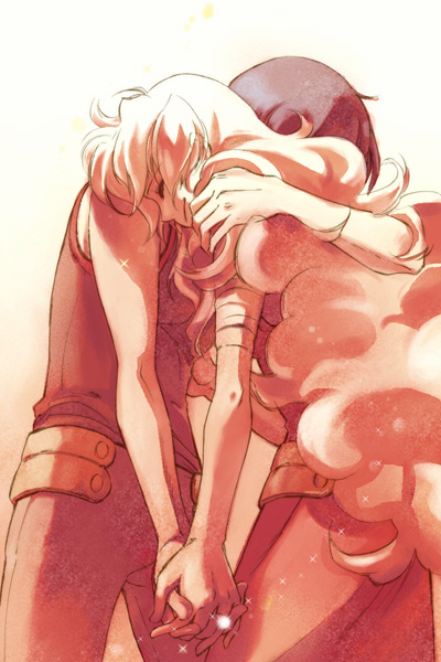 akutsu (yuumi), nia teppelin, simon (ttgl), tengen toppa gurren lagann, 00s, 1boy, 1girl, bandaged arm, bandages, couple, cowboy shot, face down, from below, from side, glowing, gradient background, hetero, holding, holding hands, interlocked fingers, jewelry, legs apart, long hair, ornate ring, ring, sparkle, very long hair
