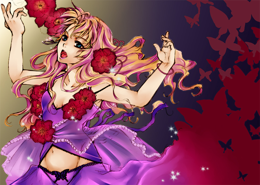 kamitani (laikaloid), sheryl nome, macross, macross frontier, 00s, blonde hair, blue eyes, dress, flower, long hair, midriff, multicolored hair, music, pink hair, singing, solo, two-tone hair