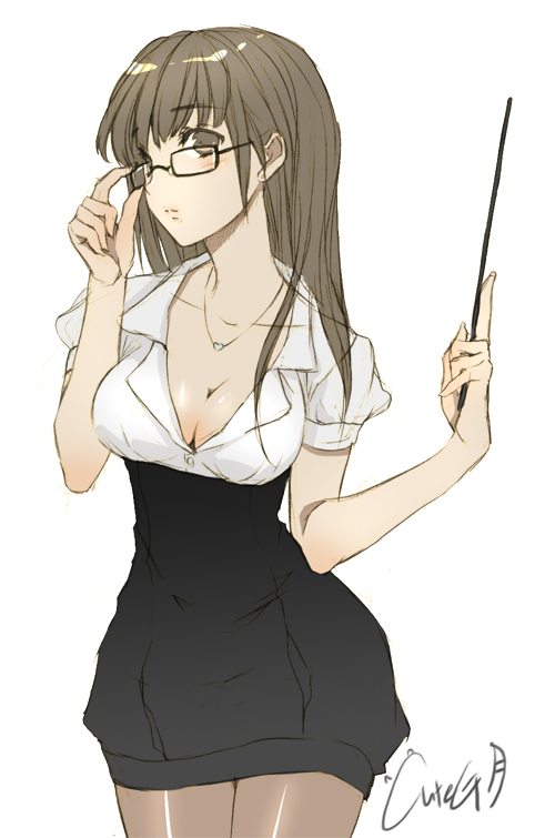 cuteg, bad id, bad pixiv id, 1girl, adjusting eyewear, breasts, brown eyes, brown hair, cleavage, female focus, glasses, large breasts, long hair, pantyhose, solo, teacher