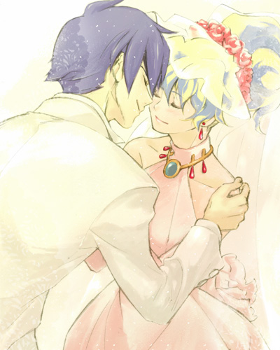 akutsu (yuumi), nia teppelin, simon (ttgl), tengen toppa gurren lagann, lowres, 00s, 1boy, 1girl, blonde hair, blue hair, bridal veil, bride, closed eyes, couple, dress, good end, hetero, veil, wedding, wedding dress