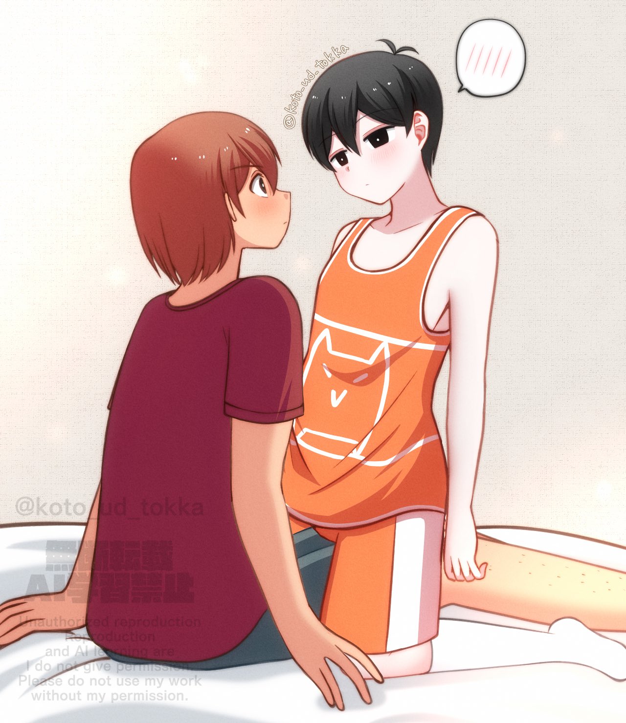 hisaho, kel (faraway) (omori), kel (omori), sunny (omori), omori, highres, 2boys, alternate costume, black eyes, blush, bright pupils, brown hair, closed mouth, cosplay, dark-skinned male, dark skin, grey shorts, kel (faraway) (omori) (cosplay), kneehighs, kneeling, looking at another, male focus, multiple boys, orange shorts, red shirt, shirt, short hair, shorts, sitting, socks, speech bubble, spoken blush, t-shirt, twitter username, watermark, white pupils, white socks