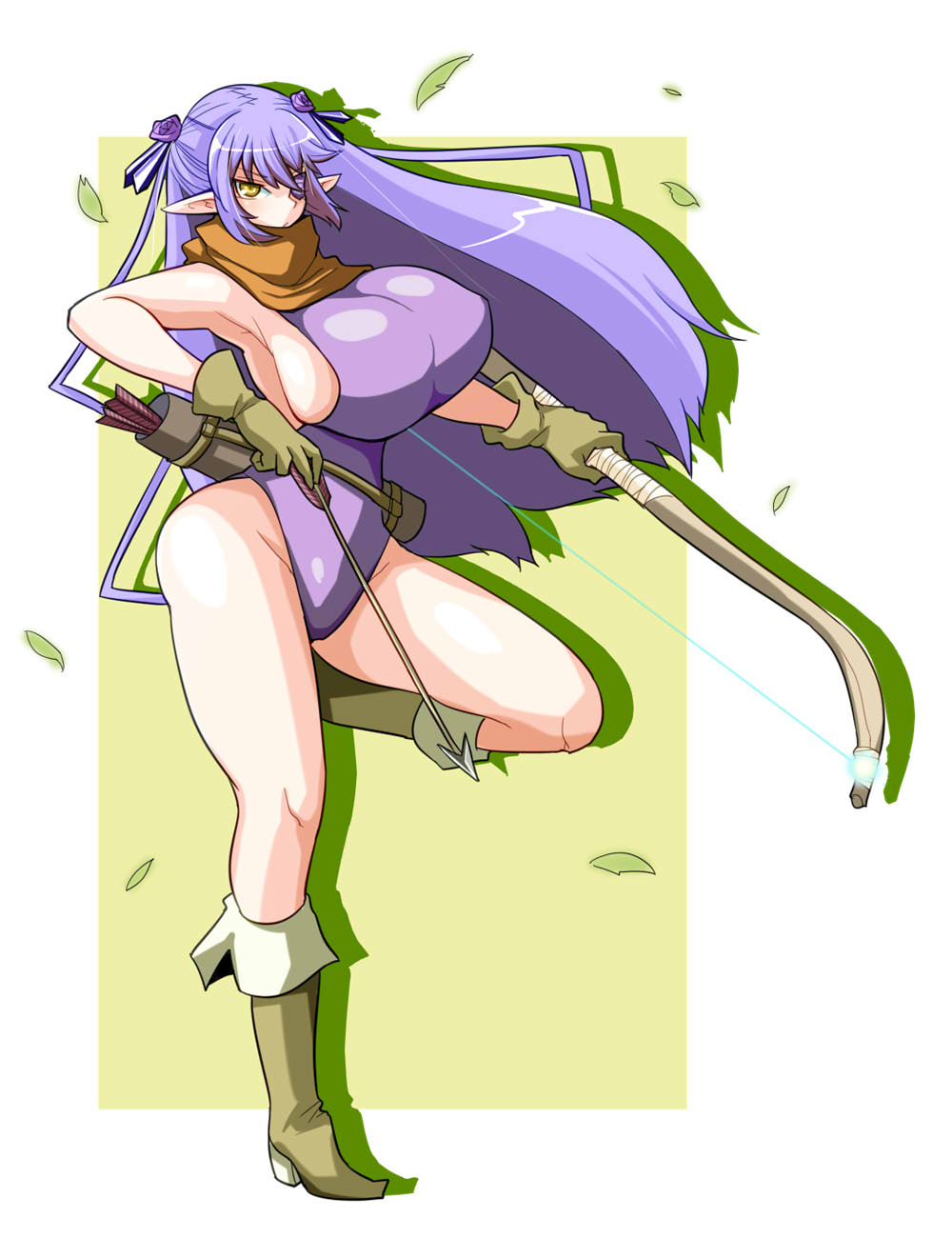 itini-sanshi, barasuishou, rozen maiden, commentary request, highres, 1girl, alternate breast size (larger), alternate costume, arrow (projectile), boots, bow (weapon), breasts, brown boots, brown scarf, closed mouth, elf, eyepatch, flower, full body, holding, holding arrow, holding bow (weapon), holding weapon, huge breasts, leaf, leotard, long hair, looking at viewer, pointy ears, purple flower, purple hair, purple leotard, purple rose, quiver, rose, scarf, shadow, sideboob, simple background, solo, standing, standing on one leg, two-tone background, very long hair, weapon, white background, yellow eyes