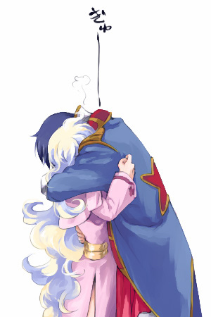 akutsu (yuumi), nia teppelin, simon (ttgl), tengen toppa gurren lagann, lowres, 00s, 1boy, 1girl, couple, covered face, cowboy shot, from side, hetero, hug, long hair, simple background, very long hair, white background