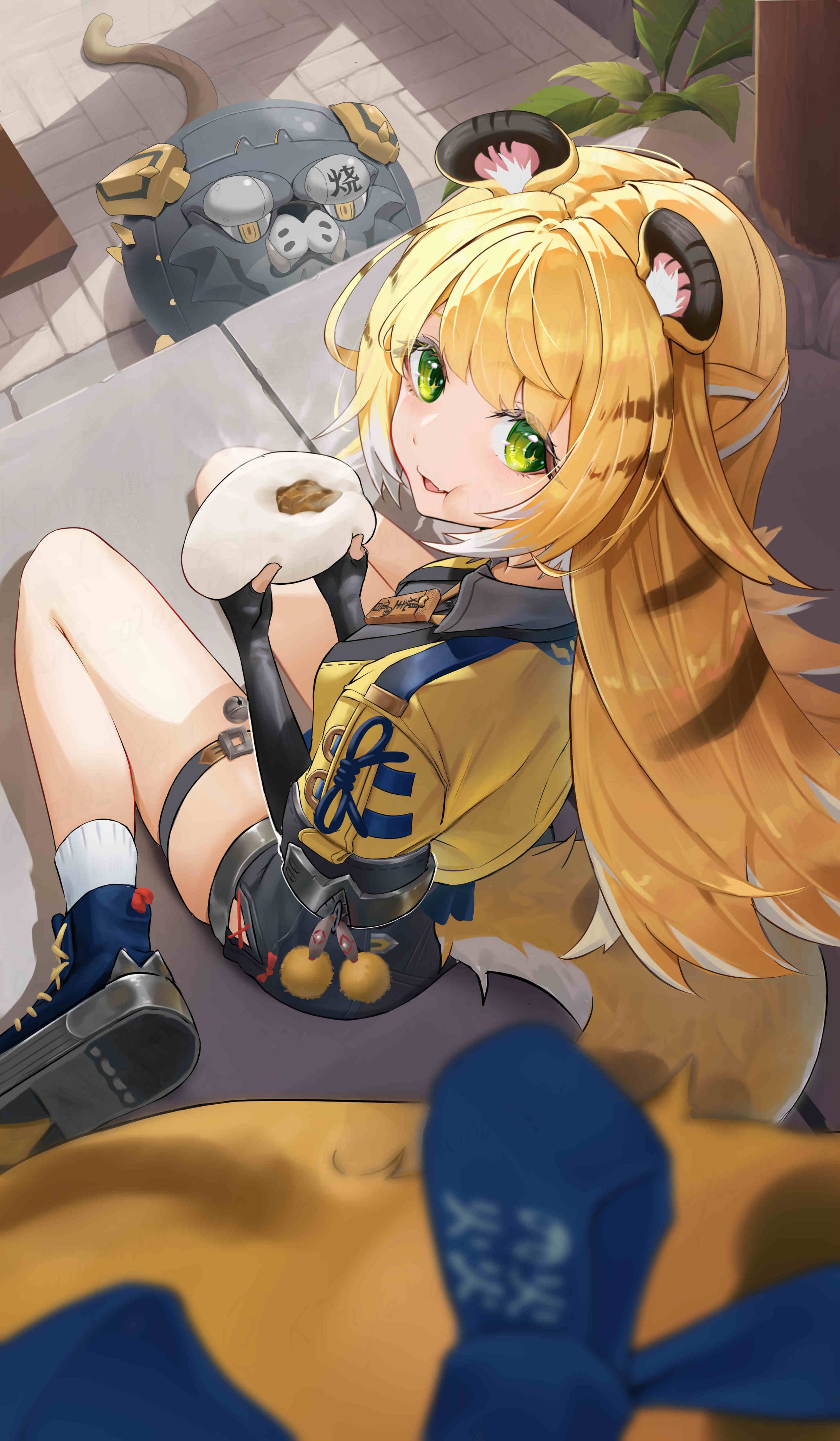 kinoyama (0202), hu wei (zenless zone zero), ju fufu, zenless zone zero, absurdres, highres, 1girl, animal ear fluff, animal ears, black shirt, blonde hair, blue shoes, bow, colored inner hair, eating, fang, fingerless gloves, food, from above, gloves, green eyes, high-waist shorts, holding, holding food, jacket, looking to the side, medallion, multicolored hair, on floor, open mouth, orange fur, plant, shirt, shoes, shorts, sitting, socks, solo, striped fur, striped hair, tail, tail bow, tail ornament, thigh strap, tiger ears, tiger girl, tiger stripes, tiger tail, wariza, white socks, yellow jacket